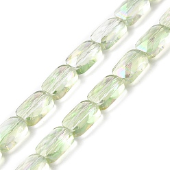 Pale Green Transparent Electroplate Glass Beads Strands, Rainbow Plated, Faceted, Rectangle, Pale Green, 9x6x4mm, Hole: 1.2mm, about 72pcs/strand, 25.98''(66cm)
