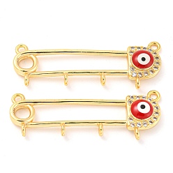 Red Rack Plating Brass Micro Pave Cubic Zirconia Brooch Finding, Real 18K Gold Plated Kilt Pins with Enamel Evil Eye & 4 Loops, Red, 40x13x4mm, Hole: 1.8mm
