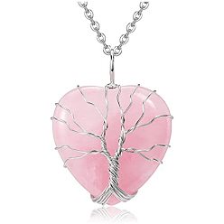 Rose Quartz Natural Rose Quartz Tree of Life Pendants, Heart Charms with Platinum Alloy Wire Wrapped Tree, 37x31mm