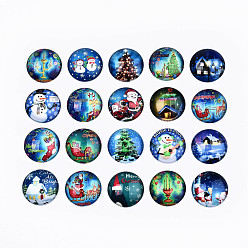 Blue Glass Cabochons, Half Round with Christmas Themed Pattern, Blue, 25x7.5mm, 20pcs/set