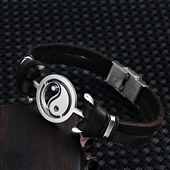 Coconut Brown Stainless Steel Yin Yang Link Bracelet with Leather Cords, Coconut Brown, 7-7/8 inch(20cm)