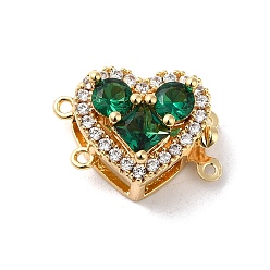 Golden Rack Plating Brass Micro Pave Clear Cubic Zirconia Box Clasps, with Green Glass, 2-Strand, 4-Hole, Cadmium Free & Lead Free, Long-Lasting Plated, Heart, Golden, 16.5x12x8.5mm, Hole: 1mm