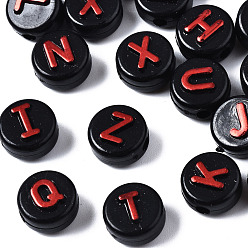 FireBrick Opaque Black Acrylic Beads, Flat Round with Random Letters, FireBrick, 9.5x6mm, Hole: 2mm, about 1550pcs/500g