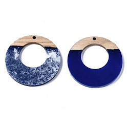 Blue Opaque Resin & Walnut Wood Pendants, Two Tone, Donut, Blue, 38x3mm, Hole: 2mm