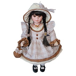 Saddle Brown Porcelain Doll Display Ornaments, Lady Women with Hat & Cloth Dress, for Home Desk & Doll House Decoration, Saddle Brown, 120x140x340mm
