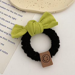 Mustard green bow tie Cute Bow Hair Tie with Suede Butterfly - Autumn/Winter, Fluffy, Smiley Ponytail.