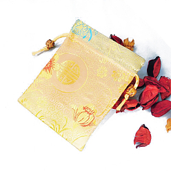 Moccasin Chinese Style Flower Pattern Satin Jewelry Packing Pouches, Drawstring Gift Bags, Rectangle, Moccasin, 14.5x10.5cm