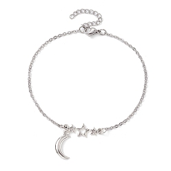 Antique Silver 304 Stainless Steel Cable Chain Anklets, with Tibetan Style Zinc Alloy Charms, Moon, Antique Silver, 9-1/8 inch(23.2cm)