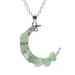 Green Aventurine Natural Green Aventurine Chips Crescent Moon Pendant Necklace, with Alloy Chains, 20.87 inch(53cm)