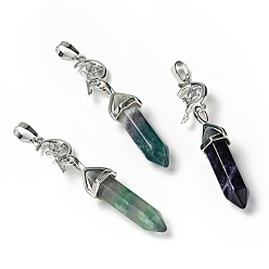 Fluorite Natural Fluorite Double Terminated Pointed Big Pendants, with Platinum Tone Brass Findings, Cadmium Free & Lead Free, Moon with Fairy & Bullet, Faceted, 62~66mm