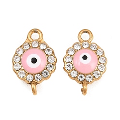 Pink 304 подвески из нержавеющей стали с кристаллами и стразами, Цветок, символизирующий сглаз, связан с эмалью., ионное покрытие (ip), реальный 18 k позолоченный, розовые, 18.5x12x5 мм, отверстие : 2 мм