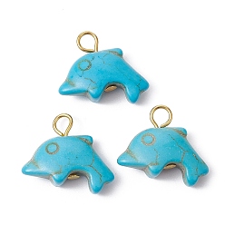 Medium Turquoise Synthetic Turquoise Pendants, with Golden Plated Iron Loops, Dolphin Charms, Medium Turquoise, 15.5~16x19~19.5x6.5mm, Hole: 3.5mm