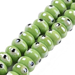 Yellow Green Handmade Procelain Beads Strands, Abacus with Evil Eyes, Yellow Green, 8.5x5mm, Hole: 1.5mm, about 55pcs/strand, 11.57''(29.4cm)