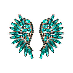 Blue Zircon Sparkling Rhinestone Wings Stud Earrings, Golden Alloy Jewelry for Women, Blue Zircon, 55x29mm
