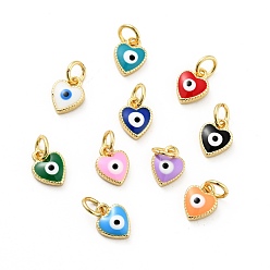 Mixed Color Rack Plating Brass Enamel Charms, with Jump Rings, Cadmium Free & Lead Free, Real 18K Gold Plated, Heart with Evil Eye, Mixed Color, 9x7x2.6mm, Hole: 3mm