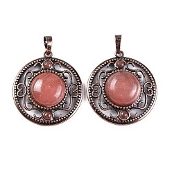 Вишневый Кварц Синтетические вишни из кварцевого стекла подвески, покрытие стойки латунные полые плоские круглые подвески, без кадмия и без свинца, Красная медь, 36.5x33x9.5 мм, отверстие : 7.5x5 мм
