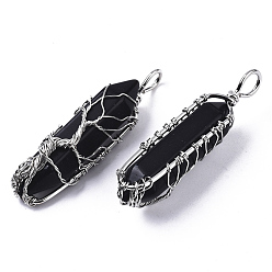 Black Agate Natural Black Agate Big Wire Wrapped Pendants, with Brass Wires, prismatic with Tree of Life, Platinum, 48~62x14~17x13~18mm, Hole: 4x5~6mm
