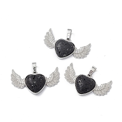Lava Rock Natural Lava Rock Pendants, Heart Charms with Wing, with Platinum Tone Brass Findings, 22x37.5x7mm, Hole: 7.5x5mm