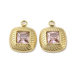 Real 14K Gold Plated 304 Stainless Steel Charms, with Pink Glass, Square, Real 14K Gold Plated, 14.5x12x3mm, Hole: 1.2mm