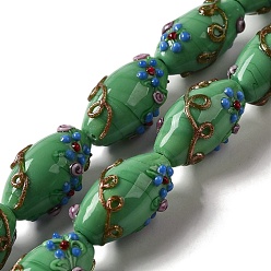 Sea Green Handmade Lampwork Beads, Rice wit Flower, Sea Green, 23x12~13mm, Hole: 1.6mm