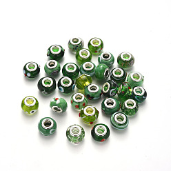 Green Handmade Lampwork European Beads, Large Hole Rondelle Beads, with Platinum Tone Brass Double Cores, Mix Pattern, Green, 14~16x9~10mm, Hole: 5mm