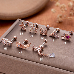 Розовое Золото Серьги-гвоздики для хряща из латуни с микропаве из прозрачного кубического циркония, с 316 штифтов из нержавеющей стали, розовое золото , 6 мм, штифты : 0.8 мм, 20 датчик