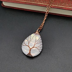 Snow Teardrop with Tree Resin Pendant Necklace, Red Copper Copper Wire Wrapped Necklace, Snow, 20.47 inch(52cm)