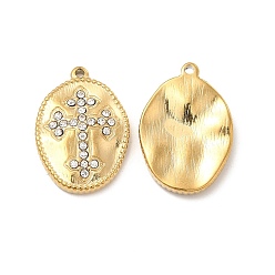 Crystal Vacuum Plating 201 Stainless Steel with Rhinestone Pendants, Real 18K Gold Plated, Oval with Cross Pattern Charms, Crystal, 23x16x3.5mm, Hole: 1.2mm