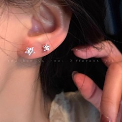 Platinum Star Alloy Rhinestone Studs Earrings, with Rhodium Plated 925 Sterling Silver Pins, Platinum, 50x50mm