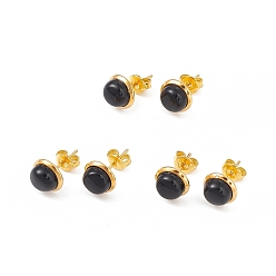 Obsidian Natural Obsidian Half Round Stud Earrings, Golden Brass Jewelry for Women, Cadmium Free & Lead Free, 14x8mm, Pin: 0.7mm