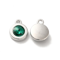 Green Alloy Pendant, with Glass, Platinum, Lead Free & Cadmium Free, Falt Round Charm, Green, 12.5x10x4mm, Hole: 1.5mm