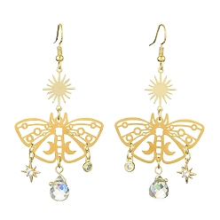 Golden 201 Stainless Steel Butterfly Chandelier Earrings with Brass Pins, Glass Teardtrop Long Drop Earrings, Golden, 69x36mm