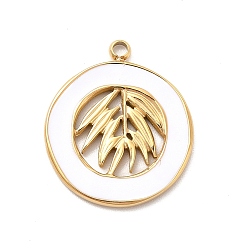 White 304 Stainless Steel Enamel Pendants, Golden, Flat Round with Leaf Charm, White, 18x16x1mm, Hole: 1.6mm