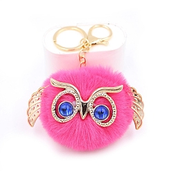 Deep Pink Cute Pompom Fluffy Owl Pendant Keychain, with Alloy Findings, for Woman Handbag Car Key Backpack Pendants, Deep Pink, 12x9cm