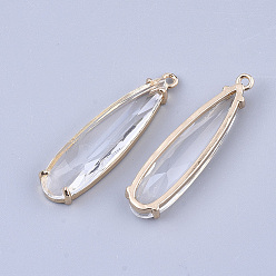 Clear Transparent Glass Pendants, with Brass Findings, Faceted, Teardrop, Light Gold, Clear, 32x8x4mm, Hole: 1.2mm