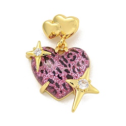 Pink Стойки обшивки латунь кубического циркония подвески, cmолой, долговечный, без свинца и без кадмия, сердце, реальный 18 k позолоченный, розовые, 34x26x10 мм, отверстие : 3x4 мм