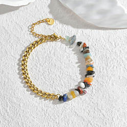 Mixed Stone Natural & Synthetic Mixed Gemstone Chips Beaded Bracelet, with Golden Stainless Steel Curb Chains, 6-1/4 inch(16cm)