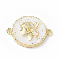 White Rack Plating Brass Enamel Connector Charms, Flat Round Links with Boy, Real 18K Gold Plated, with Glitter Powder, Long-Lasting Plated, Lead Free & Cadmium Free, White, 17x22x4mm, Hole: 1.6mm