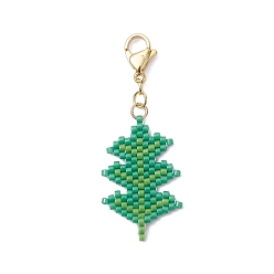 Зеленый Подвесные украшения из стеклянных бусин ручной работы, лист, с 304 из нержавеющей стали Lobster Claw застежками, зелёные, 46.5 мм, Кулон : 27.5x17.5x1.7 мм