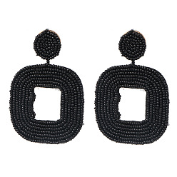 black Boho Geometric Double-Sided Beaded Earrings with Handmade Ethnic Flair