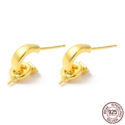 Real 18K Gold Plated 925 Sterling Silver Stud Earring Findings, C-shape Half Hoop Earring, Dangle Earring, for Half Drilled Beads, with 925 Stamp, Real 18K Gold Plated, 15x6x1.5mm, Pin: 0.7mm