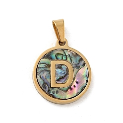 Letter D Vacuum Plating 304 Stainless Steel with Paua Shell Pendants, Golden, Flat Round with Letter Charm, Letter.D, 18x16x1.5mm, Hole: 3x6mm