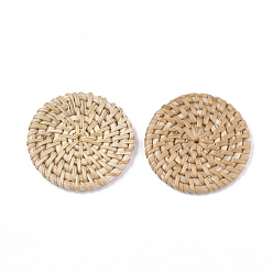 BurlyWood Handmade Reed Cane/Rattan Woven Beads, For Making Straw Earrings and Necklaces, No Hole/Undrilled, Flat Round, BurlyWood, 38~50x4~6mm