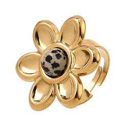 Dalmatian Jasper 304 Stainless Steel Cuff Open Rings for Women, Flower, Natural Dalmatian Jasper, Ion Plating(IP), Golden, US Size 7(17.3mm)