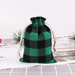Green Christmas Themed Burlap Drawstring Bags, Rectangle Tartan Pouches for Christmas Party Supplies, Green, 14x10cm