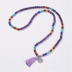 Amethyst Natural Gemstone Beads Necklaces, with Polyester Tassel and Alloy Findings, 25.9 inch(66cm)