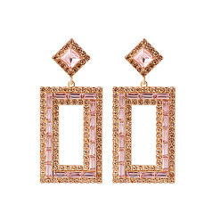 Pink Exaggerated Fashion Alloy Inlaid Rhombus Earrings for Women - Full Diamond, Geometric Party Ear Jewelry.