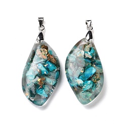 Dark Turquoise Transparent Resin Natural Imperial Jasper Dyed Chips Pendants, with Platinum Tone Brass Findings, Leaf Charm, Dark Turquoise, 34.5x18x8mm, Hole: 5x4mm