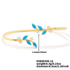 Синий Браслеты на открытой манжете из латуни с микропаве и кубическим цирконием, браслеты с подвесками в виде листьев для женщин, золотые, синие, 2-1/2 дюйм (6.5 см)