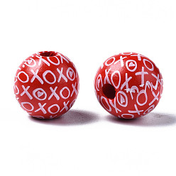 Red Painted Natural Wood European Beads, Large Hole Beads, Printed, Round, Red, 16x15mm, Hole: 4mm